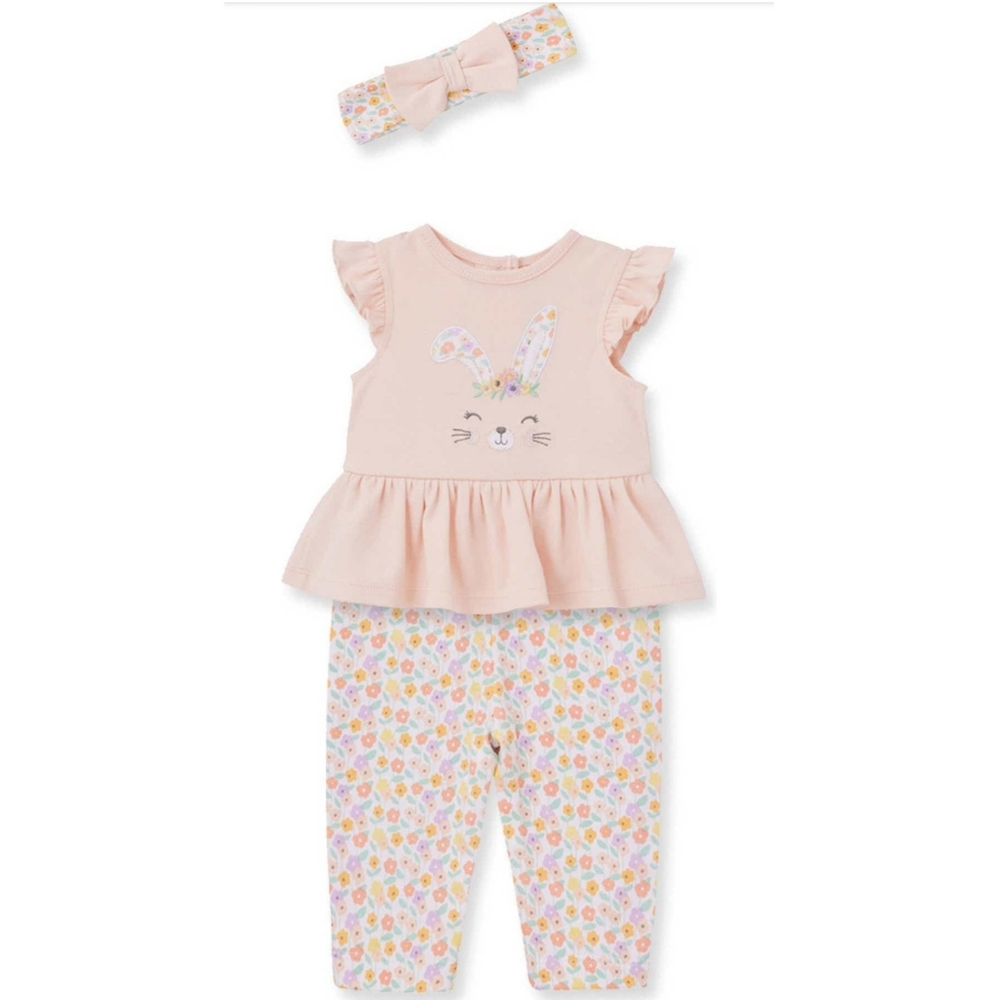 Little Me NWT Bunny And Floral 3-Piece Onesie Legging Headband Set Size 6M Pink